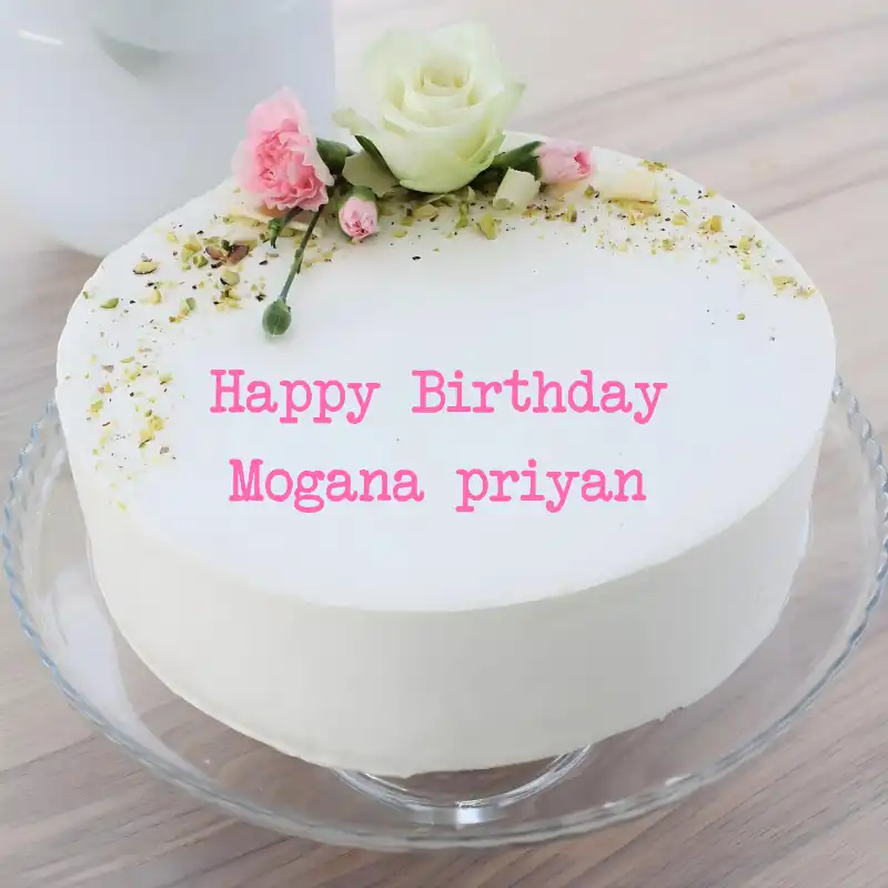 Happy Birthday Mogana priyan White Pink Roses Cake